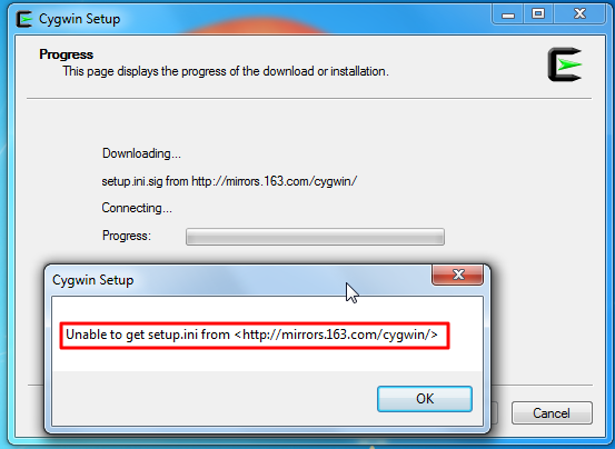 unable to get setup ini from 163 mirror for cygwin
