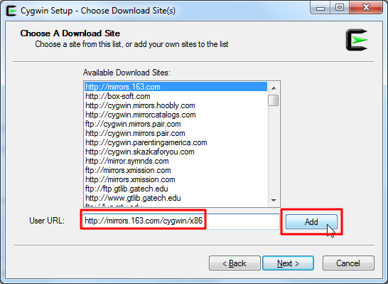 add x86 for mirrors 163 cygwin